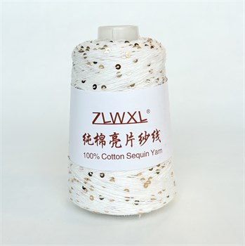 Микропайетки 3 мм на хлопке | Белый с золотыми пайетками, 100 гр. P35